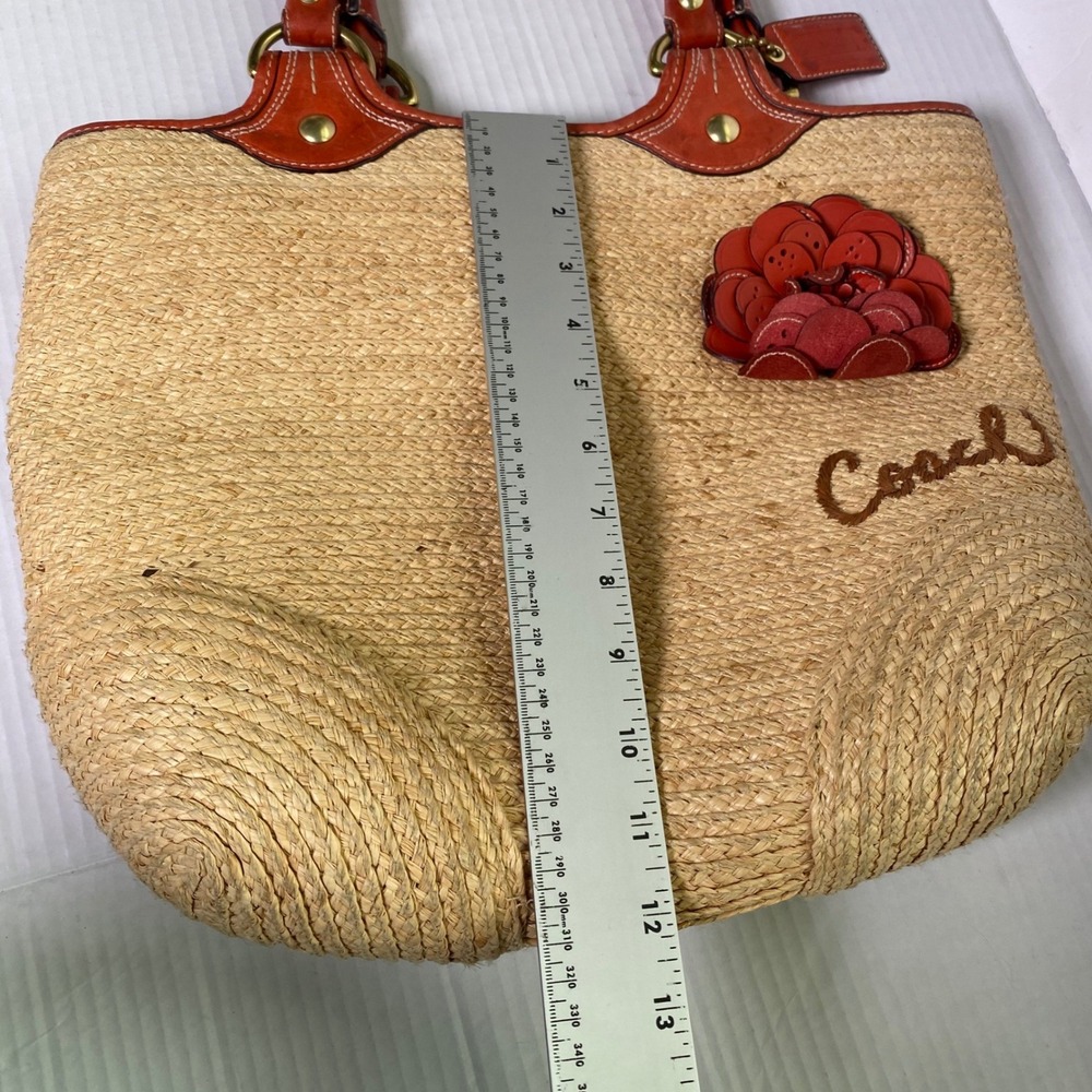 Coach Straw Leather Flower Tote Bag Beige Orange Summer Woven Beach Coastal Boho - Picture 10 of 15